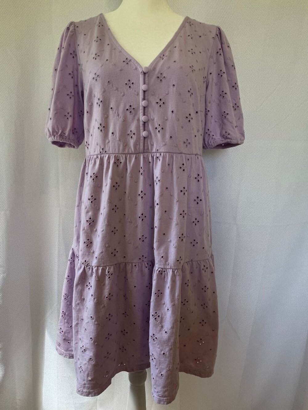 Loft Eyelet Puff Sleeve Button Tiered Swing Dress